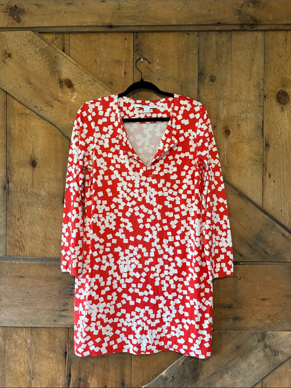 Diane Von Furstenberg Red White Geometric Print V-Neck Long Sleeve Dress 12